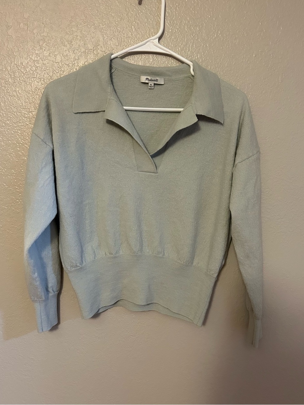 Madewell 100% Merino Wool Sage Green Polo Sweater V-Neck Cropped Ribbed Hem XL